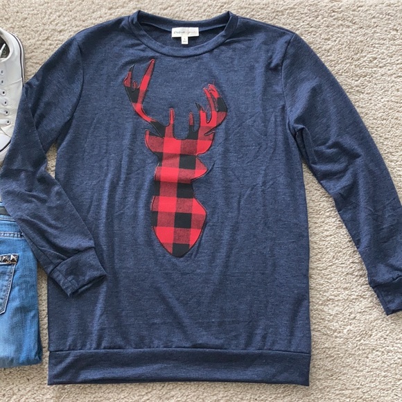Navy French Terry Long Sleeve Plaid Reindeer Top - Picture 7 of 10